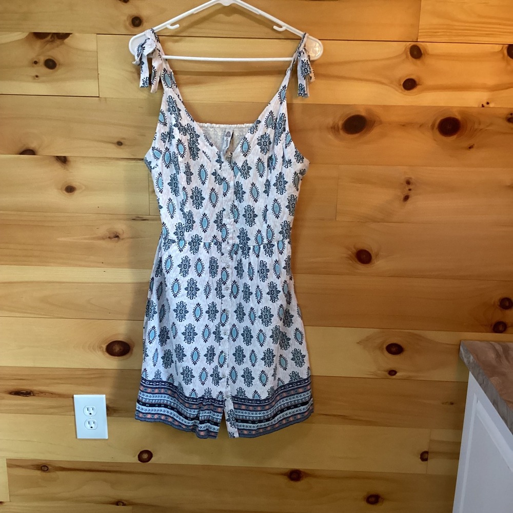 American Rag Womens Blue White Medallion Print Tie Strap Smocked Mini Dress L
